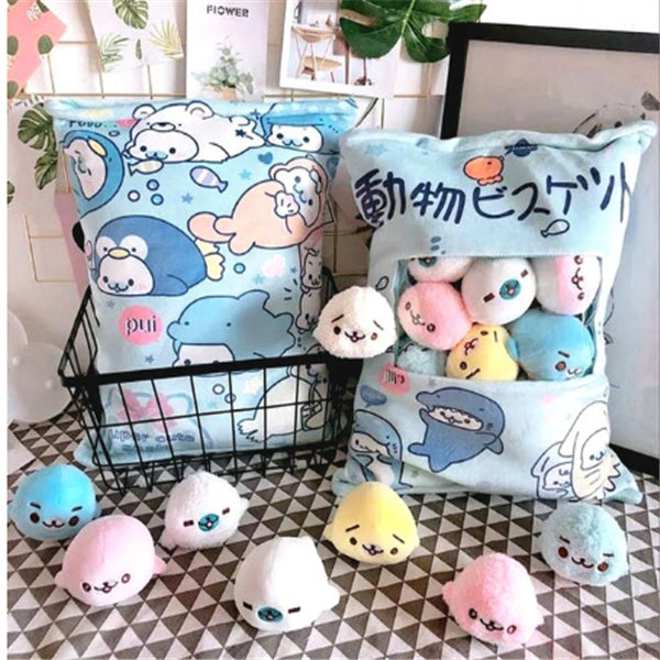 Plush Toy, Snack Bag Plush Toy Super Soft Cute Animal Pillow Throw Pillow With 8 Pack of mini dolls Cartoon Cookie Plush Toy Delicious Food Package, for Girlfriend Kids Boys Girls Birthday Gift