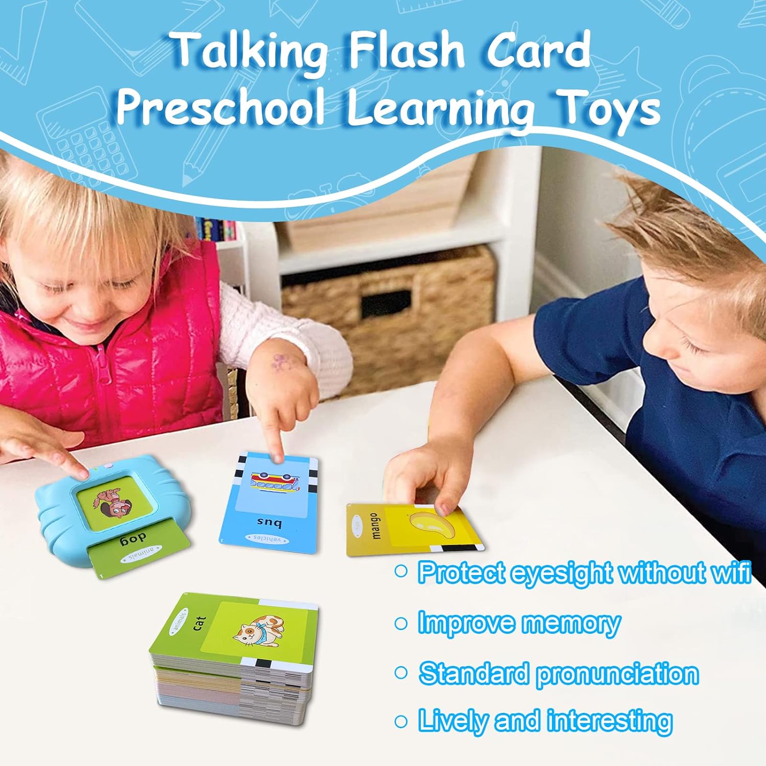 Talking Flash Cards Educational Toys - Talking Flashcards Learning Toys for Toddlers - Montessori Toys Flash Cards for Age 2 3 4 5 6 - Blue