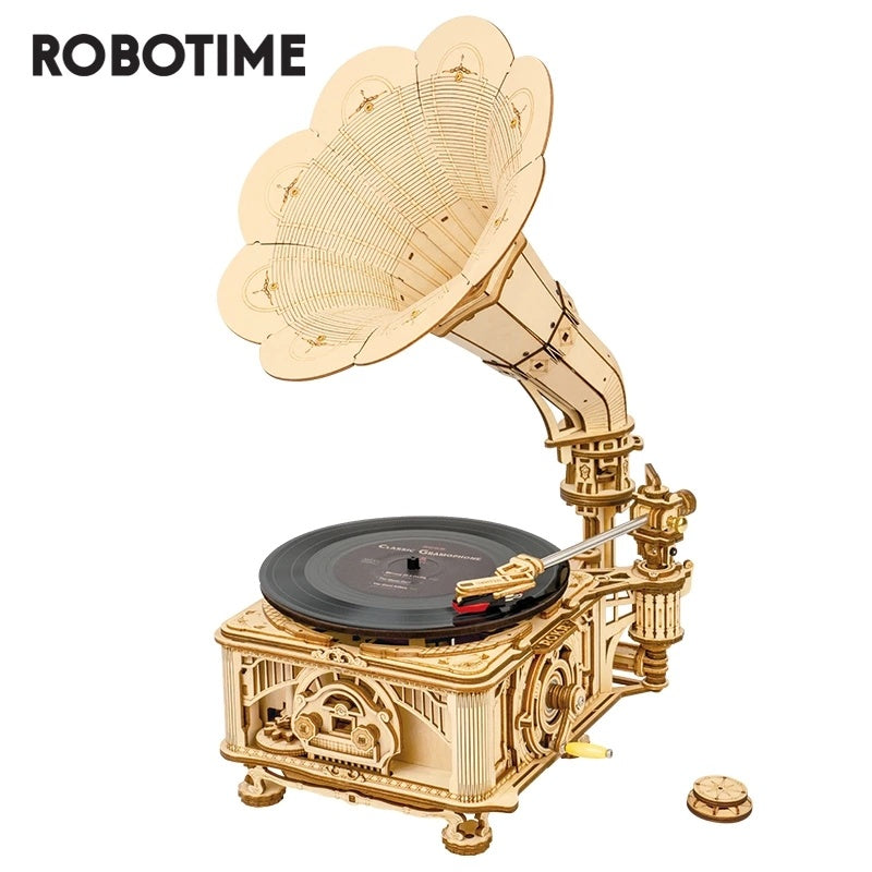 Robotime ROKR DIY Hand Crank Classic Gramophone Wooden Puzzle Model Building Kits Assembly Toy Gift For Children LKB01