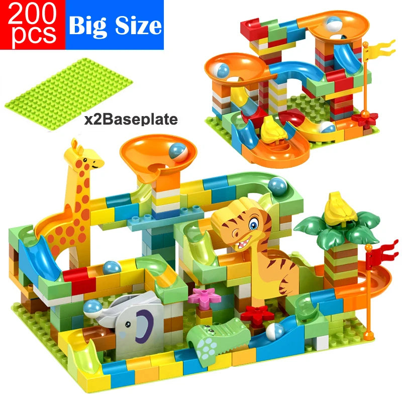 Dinosaur Marble Race Run Big Blocks Plastic DIY Building Blocks Funnel Slide Assembly Bricks Educational Toys For Children Gifts