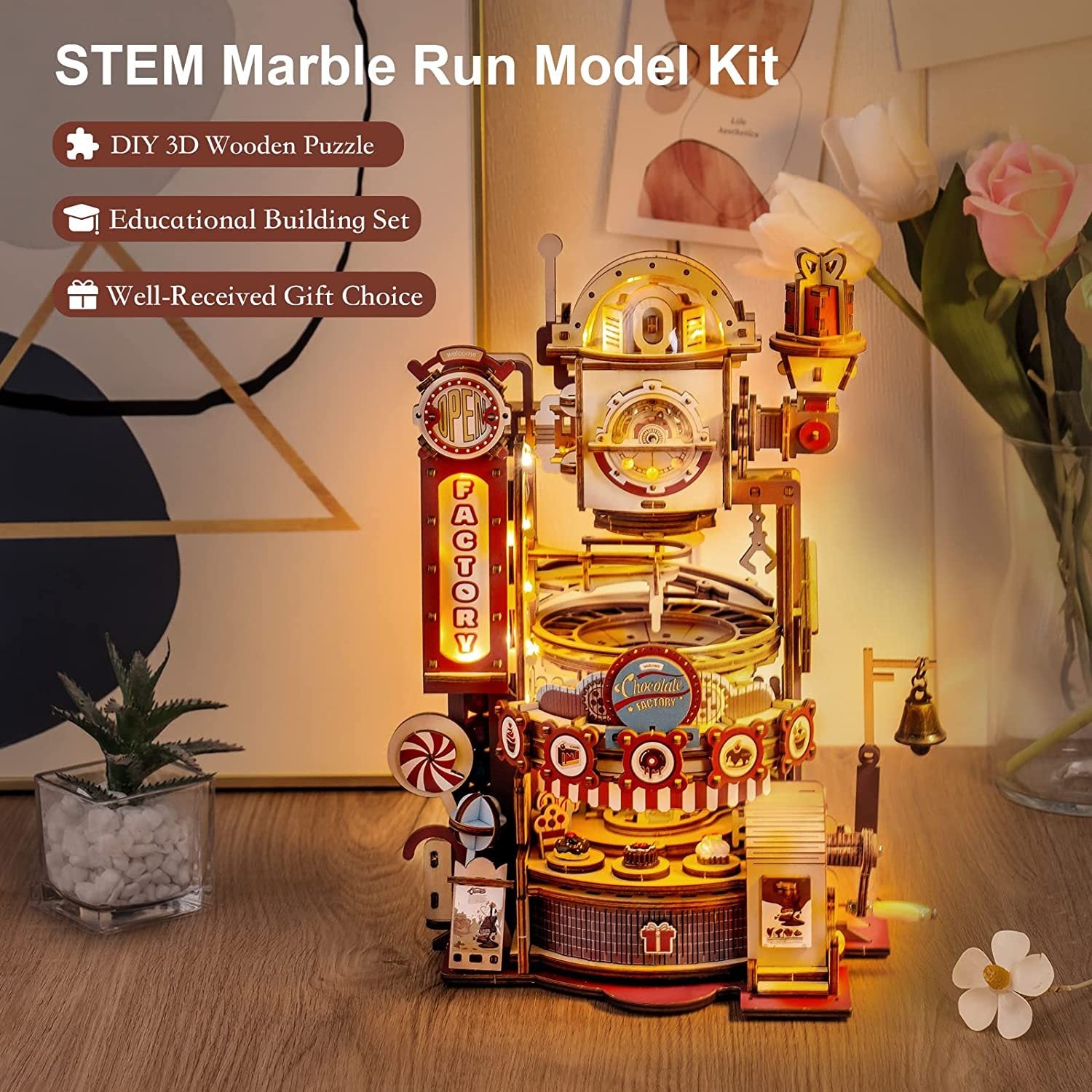 Robotime ROKR Marble Chocolate Factory 3D Wooden Puzzle Games Assembly Model Building Toys For Children Kids Birthday Gift